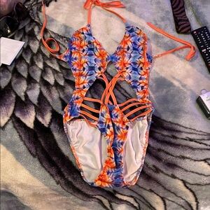 Express Tropical Tie-Dye Cutout One-Piece Swimsuit - Orange & Blue